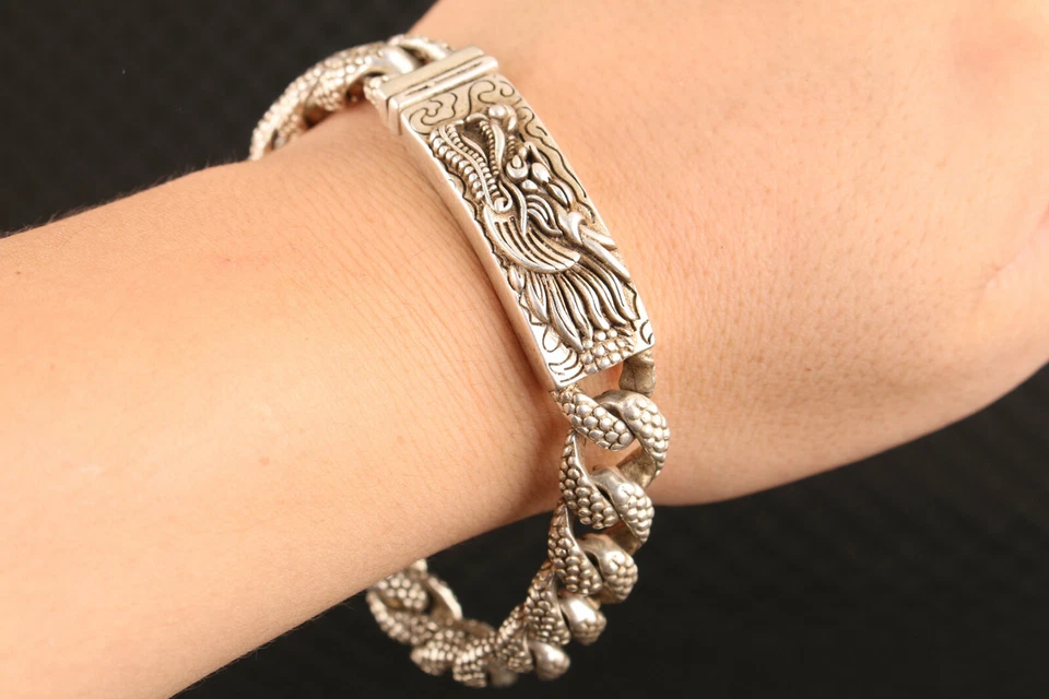 Cool Chinese tibetan silver dragon Statue bracelet man boy jewel gift - Image 4 of 4
