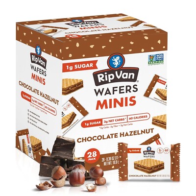 Rip Van Chocolate Hazelnut Mini Wafer Cookies - Healthy Low Sugar Snacks - 28 Ct