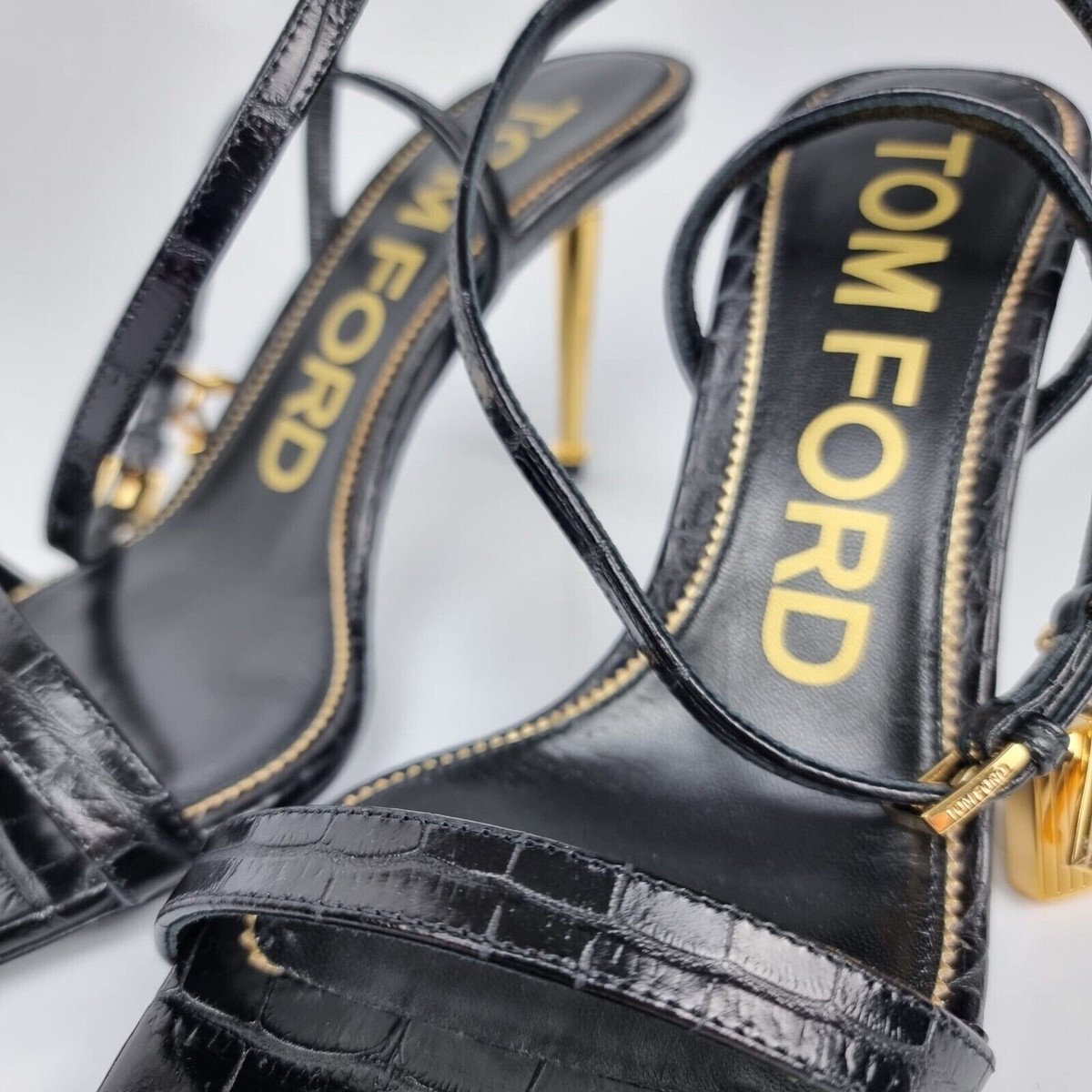 【送料&関税込】Tom Ford 85mm Crocco Black Gold Heeled Shoes TOM FORD Padlock 85mm Black Embossed Leather Sandals New