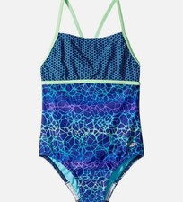  44 Speedo Girls Blue Hidden Tropical Strappy One-Piece Stretchy Swimsuit Size 8