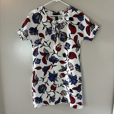 Grace Elements Linen Blend Shift Dress Red Blue Floral Lined Size Small