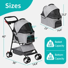 Pet Stroller 3-in-1 Foldable Cat Dog Strollers with Detachable Carrier Car Seat