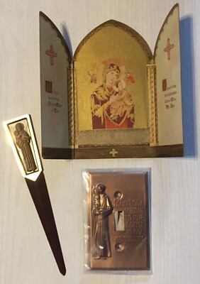 Vtg 1930s-50s Mary & Saints Set: Light Switch Cover, Letter Opener, Unique Card