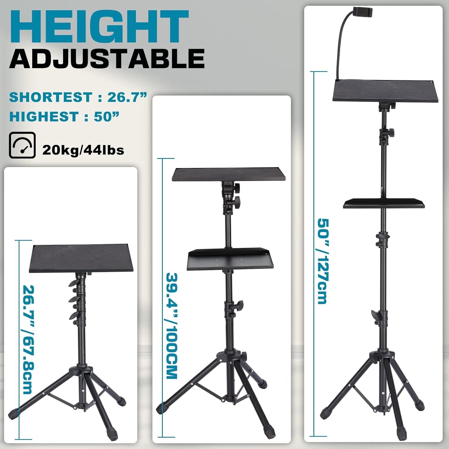 Versatile 50” Projector Tripod Stand with Rotatable Beverage Tray & Phone Holder