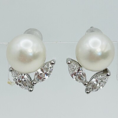 Sterling Silber Perlen Ohrstecker mit CZ Marquise Akzenten - Brautschmuck Geschenk
