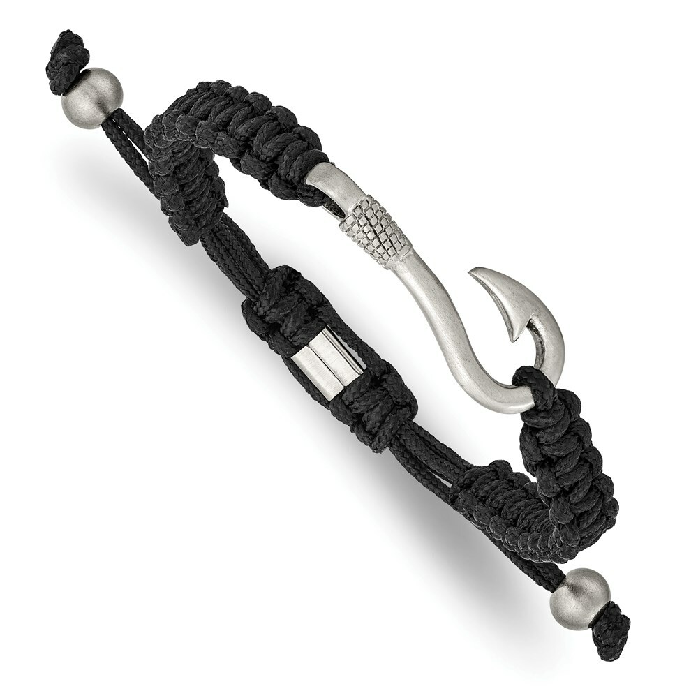 Stainless Steel Brushed Fishing Hook Black Nylon Adjustable Bracelet 7990₽