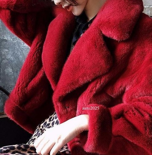 Women Fluffy Faux Mink Fur Jacket Coat Lapel Collar Short Parka Red Outwear - Bild 2 von 7