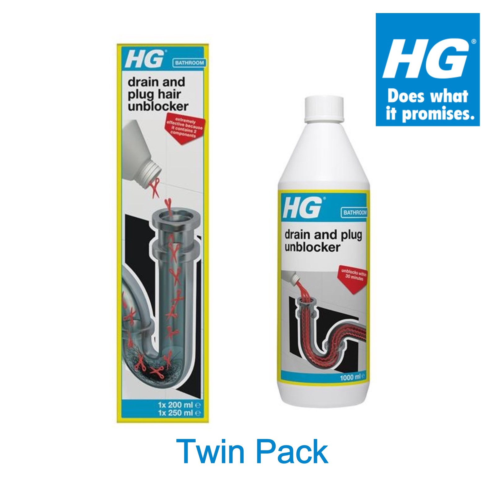 HG Drain and Plug Hair Unblocker Twin Pack - 450ml + 1L