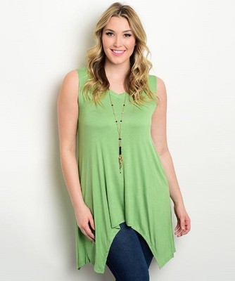 Moa Moa Women's Asymmetrical Knit Top Sleeveless Solid Green Size 1XL, 2XL, 3XL