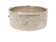 Vintage Sterling Silver Wide Cuff Bangle Hand Engraved Signed B&S Silver 41.20g