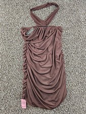 Pretty Little Thing Womens Sz 12 Bodycon Halter Mini Dress Brown Ruched NEW