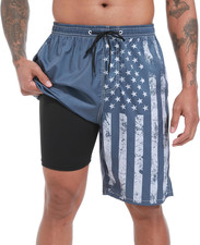 Mens Swim Trunks with Compression Liner 9" Stretch Board Shorts 2 in 1 Quick Dry