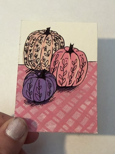  ACEO original art  lavender pumpkins Heatherlilyart Fall hand drawn acrylic