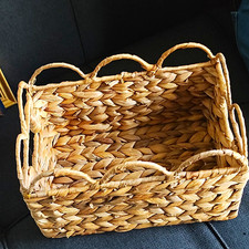 Wicker Woven Rectangular Storage Basket with Handles Beige 18x12x8 in