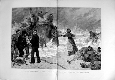 Alter antiker Druck 1889 Schiffswrack Überlebende Caister Great Yarmouth Storm 19.
