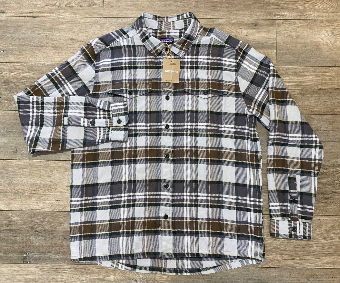 Patagonia Fjord Flannel Shirt Mens L Gray Brown Plaid Long Sleeve Organic Cotton