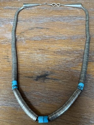 RARE-NATIVE AMERICAN TURQUOISE SILVER DISCS Graduated NECKLACE STERLING 76 g