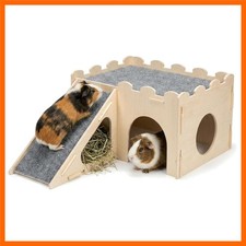 Wooden Guinea Pig Hideout with Ramp and Hay Holder