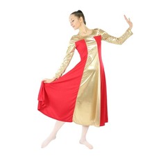 Womens Metallic Color Block Long Sleeve Praise Dance Dress, Scarlet-Gold, L