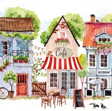  2 Two Paper Lunch Napkins for Decoupage/Mixed Media - Cottages street cafe