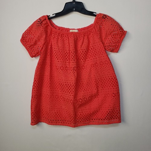 Michael Kors Top Blouse Women SMALL Eyelet Round Elastic Neck Short Sleeve Lined - Picture 7 of 8