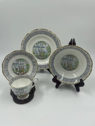 Vintage Royal Albert Silver Birch 4Pc Set Footed Tea Cup Saucer Salad Plate Bowl