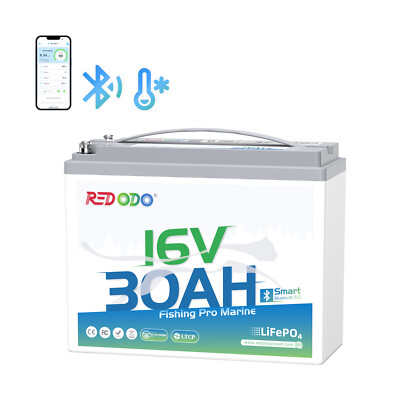 Redodo 16V 30Ah Bluetooth LiFePO4 Battery for Fishfinder, Ice Fishing, Marine