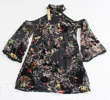 New BRONTE Floral Print CHELSEA DRESS Women's LARGE L Exposed Shoulder BLACK LS