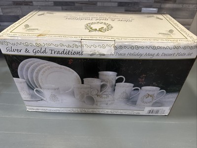 KIC Terri Fosson SILVER & GOLD TRADITIONS Boxed Set 8 Plates and 8 Mugs NIB