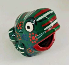 Red Clay Pottery Glazed Green Frog Stamped Mexico Vintage 2" X 2" B2
