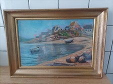 Signed painting Mr. Meyer - old coastal landscape framed - boats and houses of b