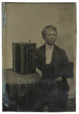 Antique Accordion Musician Tintype 1860 Child Concertina Soundbox Protege Photo