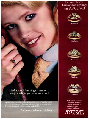 1983 De Beers Print Ad, ArtCarved College Class Rings 80's Cute Coed Model Smile