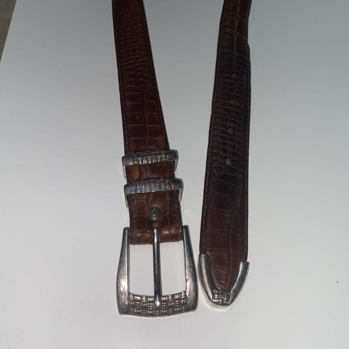 Vtg Fullerton Italian leather Belt Size 56 Brown Silver 