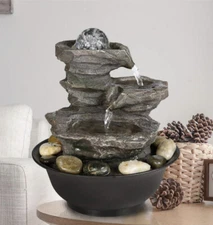 ⭐️ 3 Tier 11” Faux Rock Tabletop Waterfall Fountain LED Lights Pump Quiet UL
