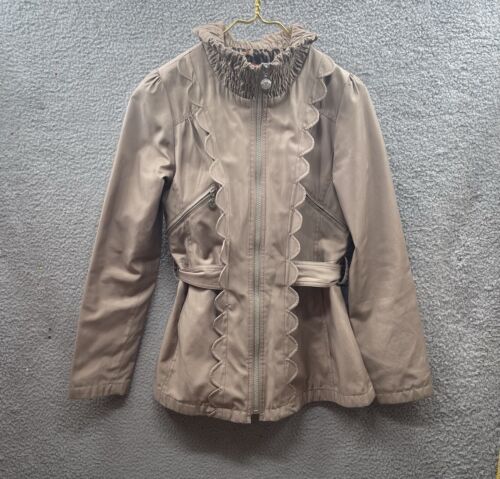 Chaqueta Abrigo de Lluvia Betsey Johnson Pequeña Caqui Cuello con Volantes Bolsillos con Cremallera Atado Trasero - Imagen 2 de 22