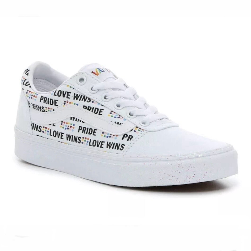 VANS Ward Shoes White Rainbow Check PRIDE Love Sparkles Womens Size 10 NWB