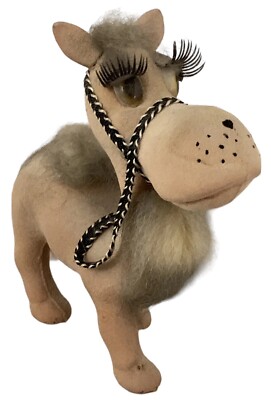 VINTAGE KAMEL Ornament GROSSE AUGEN Sandy das Kamel beflockt 6'' hoch Retro Kitsch sehr guter Zustand