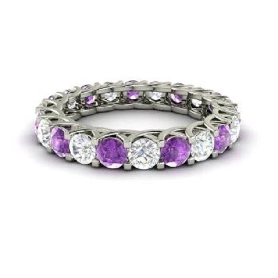 Alianza de eternidad nupcial de boda de diamantes amatistas naturales de 2,64 quilates de oro blanco de 14 quilates Foto 2 de 4