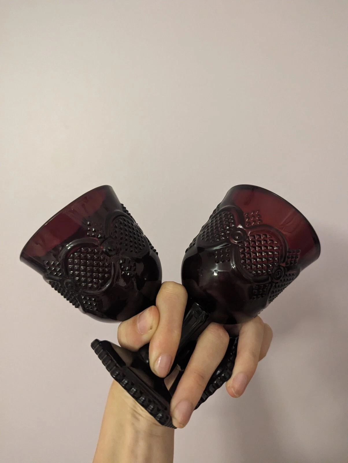 1876 Avon Cape Cod Ruby Red Wine Water Goblet Glass Vintage Set Of 2 No Box