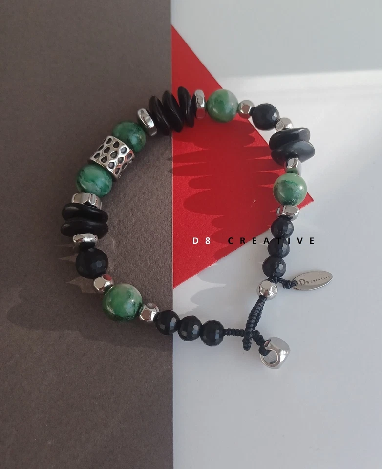 Pulseira masculina de jade verde natureza com aço inoxidável tecido à mão design original - Imagem 3 de 4