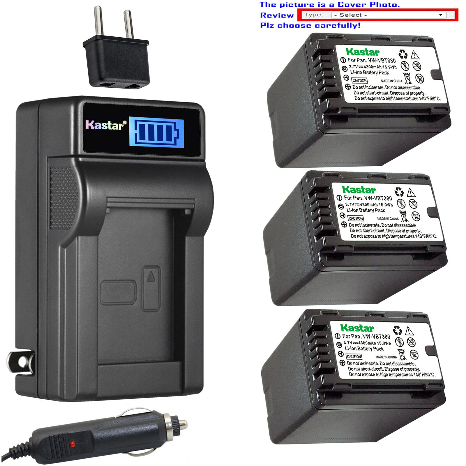 Kastar Battery LCD AC Charger for VW-VBT380 Panasonic HC-V480M HC