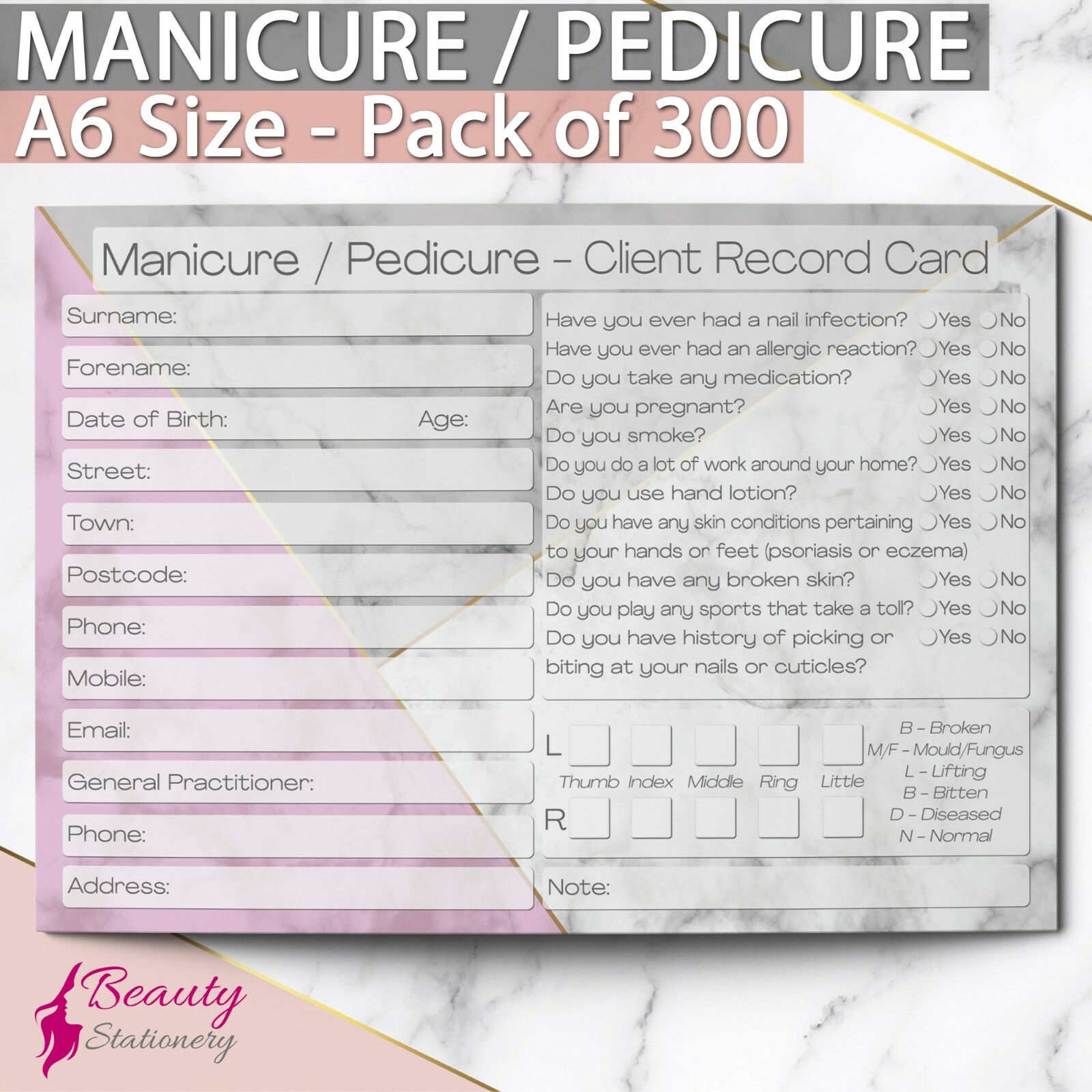 Manicure Pedicure Nail Client Record Card Treatment Consultation A6 Pack of 300