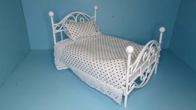 Dollhouse Miniature Double White Metal Bed with Polka Dot Fabric D0298