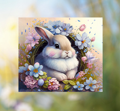Spring Bunny & Flowers WINDOW CLING Vintage Art Size 9.1'' Repositionable Vinyl
