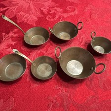Dollhouse Mini Lot of 6 Vintage Copper Pans with Brass Handles