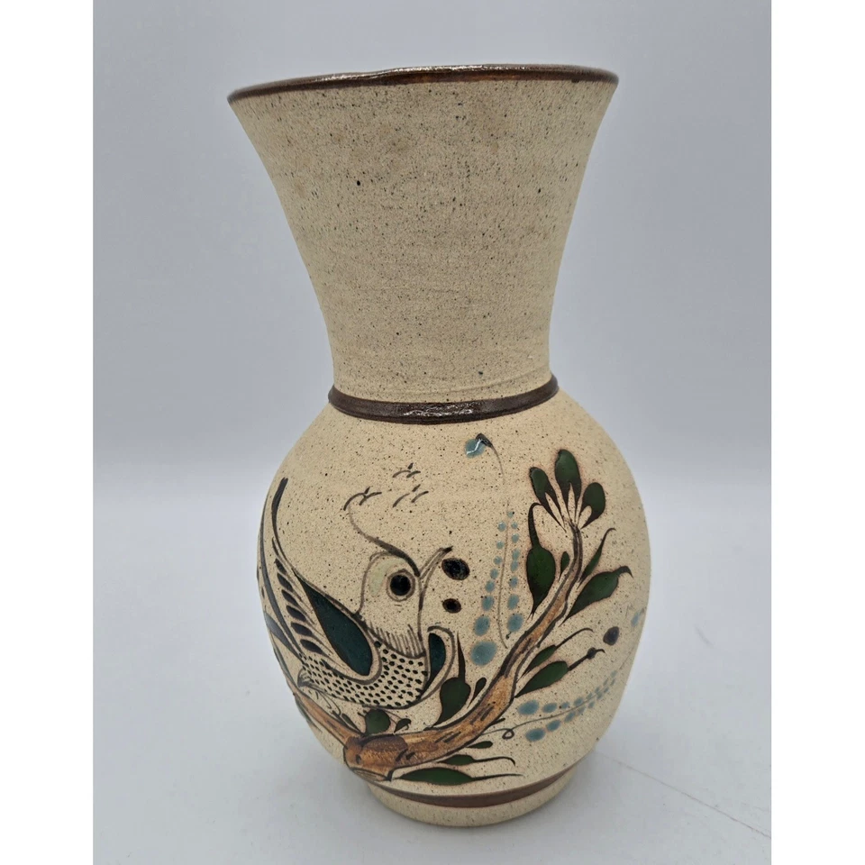 Mexican Pottery Vases Set Hand Painted Bird Floral Tan Brown Home Decor - Image 4 of 4