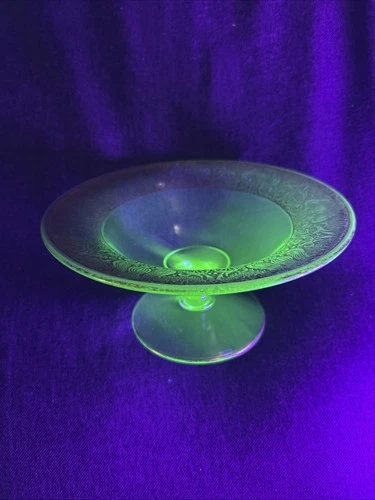 Gold Gilt Overlay Footed Candy Bowl - Uranium/Depression Glass