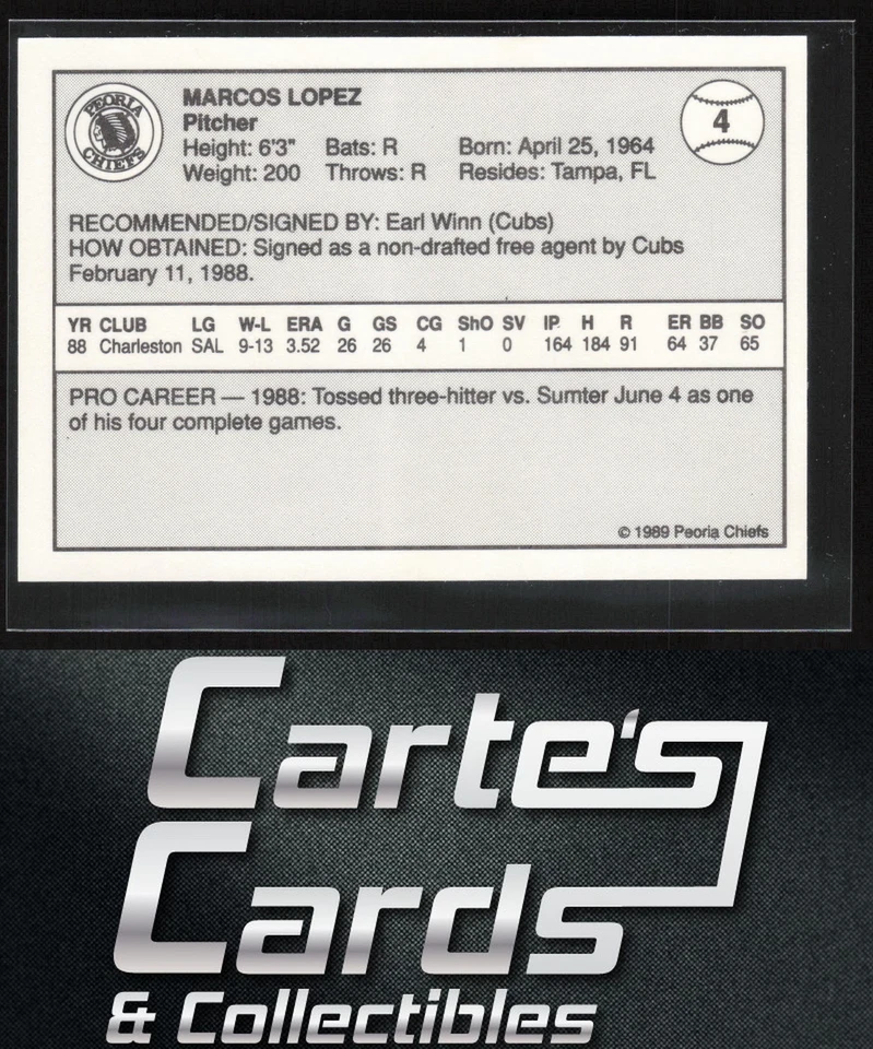 Marcos Lopez 1989 Peoria Chiefs #4 Peoria Chiefs - Image 2 of 2