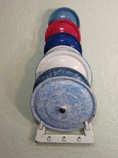 Vintage Enamel Graniteware Lid Holder Plate Rack Wall Hanger & Lids Rare HTF